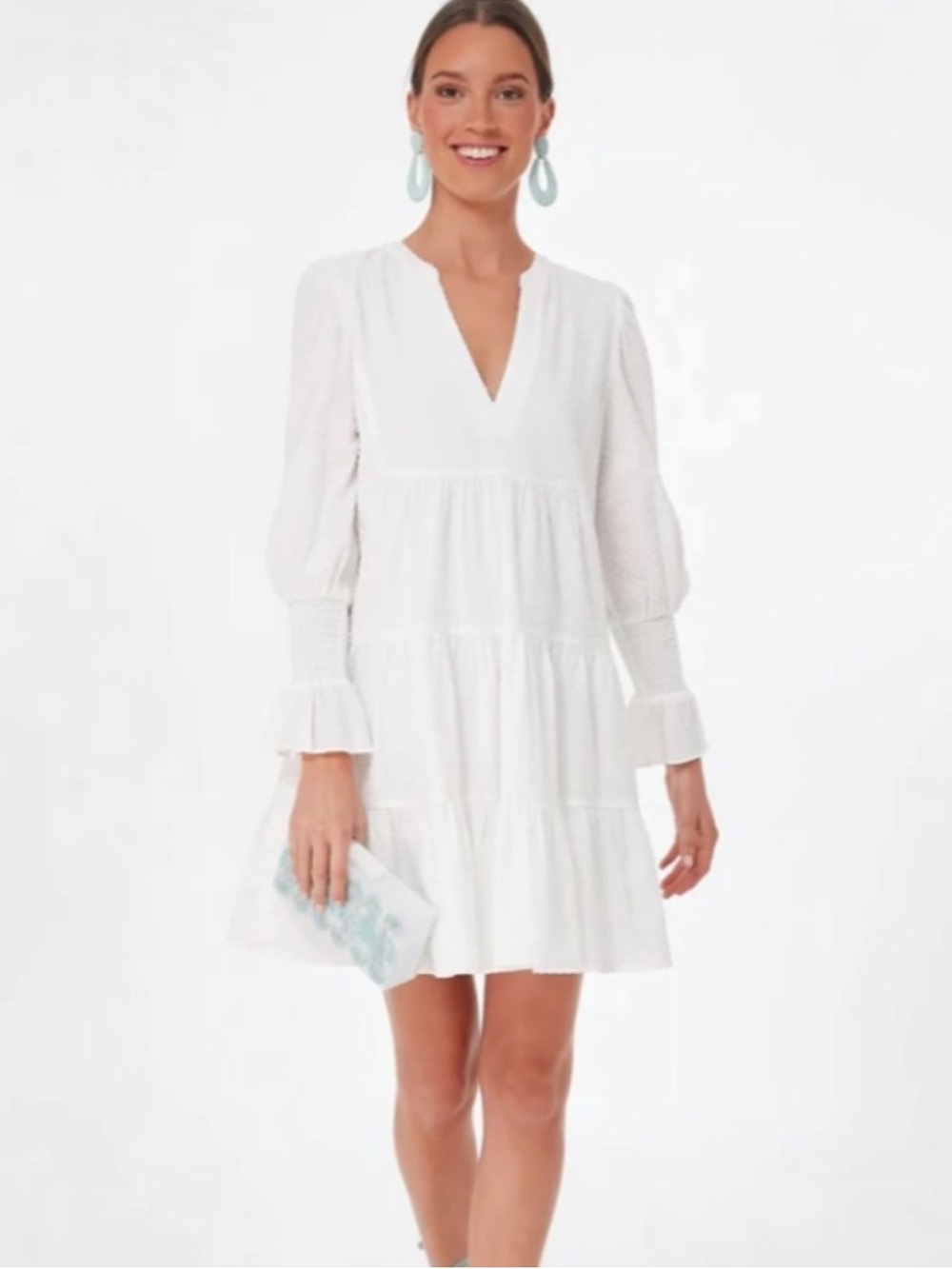 Pomander Place White Tiered V-Neck Long-Sleeve Dress Sz Sm